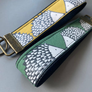 Hedgehog wristlet keyring. Spike hedgehog keychain. Green or mustard hedgehog wrist strap keyring.