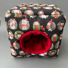 Load image into Gallery viewer, Christmas hedgehogs cosy cube house. Hedgehog and guinea pig cube house. Padded fleece lined house.