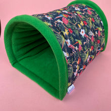Load image into Gallery viewer, LARGE Tropical Jungle mini set. LARGE size tunnel, LARGE snuggle sack and toys. Fleece bedding.