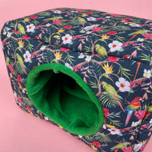 Load image into Gallery viewer, LARGE Tropical Jungle cosy bed. Cosy cube. Cuddle Cube. Snuggle house. Fleece hidey. Padded house for guinea pigs.