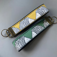 Load image into Gallery viewer, Hedgehog wristlet keyring. Spike hedgehog keychain. Green or mustard hedgehog wrist strap keyring.