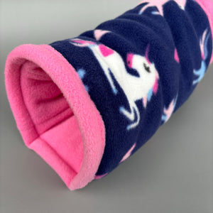 Navy Unicorn stay open tunnel. Padded fleece tunnel. Tube. Padded tunnel for hedgehogs, rats and small pets. Small pet cosy tunnel.