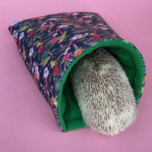 Tropical Jungle cosy snuggle cave. Padded stay open snuggle sack. Hedgehog bed. Fleece pet bedding.
