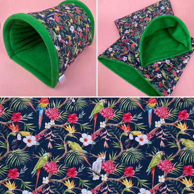 LARGE Tropical Jungle mini set. LARGE size tunnel, LARGE snuggle sack and toys. Fleece bedding.