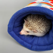Load image into Gallery viewer, Rainbow stay open tunnel. Padded fleece tunnel. Padded tunnel for hedgehogs, rats and small pets. Small pet cosy tunnel.
