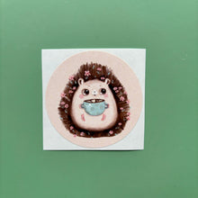 Load image into Gallery viewer, Hot chocolate hedgehog stickers. 51mm x 51mm circle gloss paper sticker.