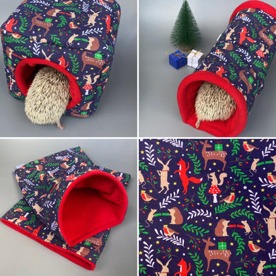 Navy festive party animals full cage set. Cube house, snuggle sack, tunnel set for small pets.