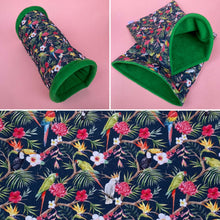 Load image into Gallery viewer, Tropical Jungle mini set. Tunnel, snuggle sack and toys. Fleece bedding. Hedgehog fleece tunnel and pouch.