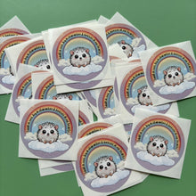 Load image into Gallery viewer, Rainbow hedgehog stickers. 51mm x 51mm circle gloss sticker. Pet loss sticker. Small in size, big in character and forever in our hearts.