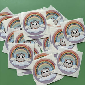 Rainbow hedgehog stickers. 51mm x 51mm circle gloss sticker. Pet loss sticker. Small in size, big in character and forever in our hearts.