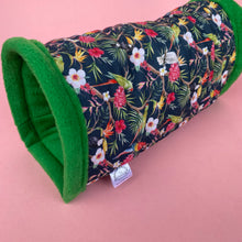 Load image into Gallery viewer, Tropical Jungle stay open tunnel. Padded fleece tunnel. Tube. Padded tunnel for hedgehogs, rats and small pets. Small pet cosy tunnel.