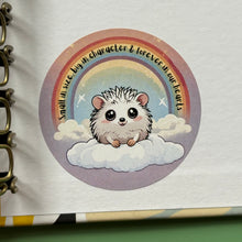 Load image into Gallery viewer, Rainbow hedgehog stickers. 51mm x 51mm circle gloss sticker. Pet loss sticker. Small in size, big in character and forever in our hearts.