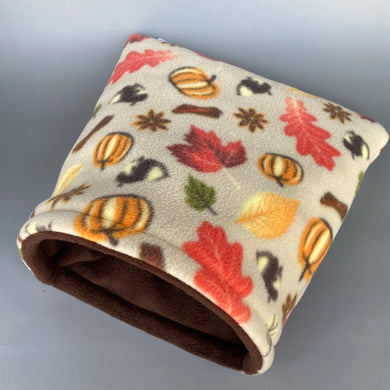 LARGE Autumn Spice fleece cosy snuggle cave. Padded stay open snuggle bed. Fleece pet bed. Guinea pig bed.