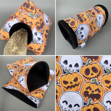 Load image into Gallery viewer, Pumpkin and skulls Halloween full cage set. Tent house, snuggle sack, tunnel cage set