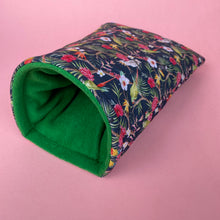 Load image into Gallery viewer, Tropical Jungle cosy snuggle cave. Padded stay open snuggle sack. Hedgehog bed. Fleece pet bedding.