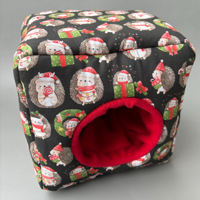 Christmas hedgehogs cosy cube house. Hedgehog and guinea pig cube house. Padded fleece lined house.