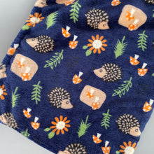 Load image into Gallery viewer, Navy hedgehogs cuddle fleece handling blankets for small pets. Fleece lap blankets.