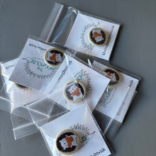Load image into Gallery viewer, Autumn hedgehog badge. 25mm badge. Hedgehog pin. Animal lover gift.