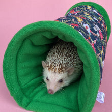 Load image into Gallery viewer, Tropical Jungle stay open tunnel. Padded fleece tunnel. Tube. Padded tunnel for hedgehogs, rats and small pets. Small pet cosy tunnel.