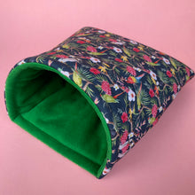 Load image into Gallery viewer, LARGE Tropical Jungle guinea pig cosy snuggle cave. Padded stay open snuggle sack. Fleece pet bed. Stay open padded cave.