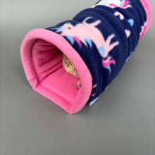 Load image into Gallery viewer, Navy Unicorn stay open tunnel. Padded fleece tunnel. Tube. Padded tunnel for hedgehogs, rats and small pets. Small pet cosy tunnel.