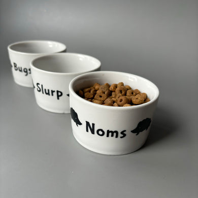 Deep edge ceramic hedgehog food and water bowls. Noms, slurp and bugs bowls.