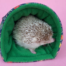 Load image into Gallery viewer, Tropical Jungle cosy snuggle cave. Padded stay open snuggle sack. Hedgehog bed. Fleece pet bedding.