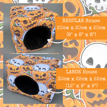 Load image into Gallery viewer, LARGE pumpkin and skulls Halloween cosy bed. Padded house for guinea pigs.