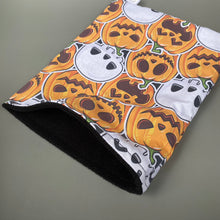 Load image into Gallery viewer, Pumpkin and skulls Halloween snuggle sack, snuggle pouch, sleeping bag for hedgehogs