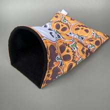 Load image into Gallery viewer, Pumpkin and skulls Halloween snuggle sack, snuggle pouch, sleeping bag for hedgehogs