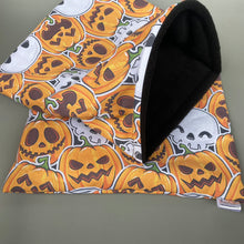 Load image into Gallery viewer, LARGE Pumpkin and skulls Halloween snuggle sack. Snuggle pouch for guinea pigs