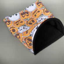 Load image into Gallery viewer, LARGE Pumpkin and skulls Halloween snuggle sack. Snuggle pouch for guinea pigs