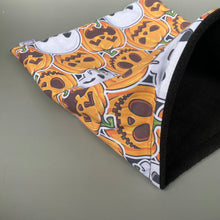 Load image into Gallery viewer, LARGE Pumpkin and skulls Halloween snuggle sack. Snuggle pouch for guinea pigs