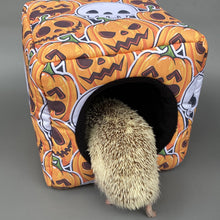 Load image into Gallery viewer, Pumpkin and skulls Halloween cosy cube house. Hedgehog and guinea pig cube house.