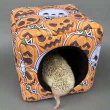 Load image into Gallery viewer, Pumpkin and skulls Halloween cosy cube house. Hedgehog and guinea pig cube house.