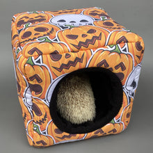 Load image into Gallery viewer, Pumpkin and skulls Halloween cosy cube house. Hedgehog and guinea pig cube house.