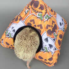 Load image into Gallery viewer, Pumpkin and skulls Halloween full cage set. Tent house, snuggle sack, tunnel cage set