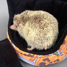 Load image into Gallery viewer, Pumpkin and skulls Halloween cuddle cup. Pet sofa. Hedgehog and small guinea pig bed.