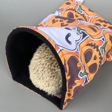 Load image into Gallery viewer, Pumpkin and skulls Halloween snuggle sack, snuggle pouch, sleeping bag for hedgehogs