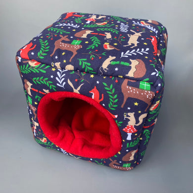 Navy festive party animals cosy cube house. Padded hedgehog and guinea pig cube house.