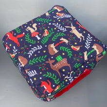Load image into Gallery viewer, Navy festive party animals cosy cube house. Padded hedgehog and guinea pig cube house.