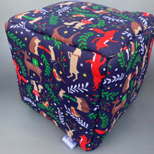 Load image into Gallery viewer, Navy festive party animals cosy cube house. Padded hedgehog and guinea pig cube house.