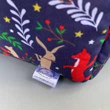 Load image into Gallery viewer, Navy festive party animals cosy cube house. Padded hedgehog and guinea pig cube house.