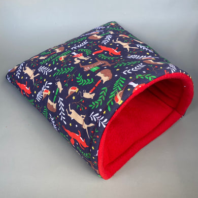 LARGE Navy party animals guinea pig cosy snuggle cave. Padded stay open fleece pet bed.
