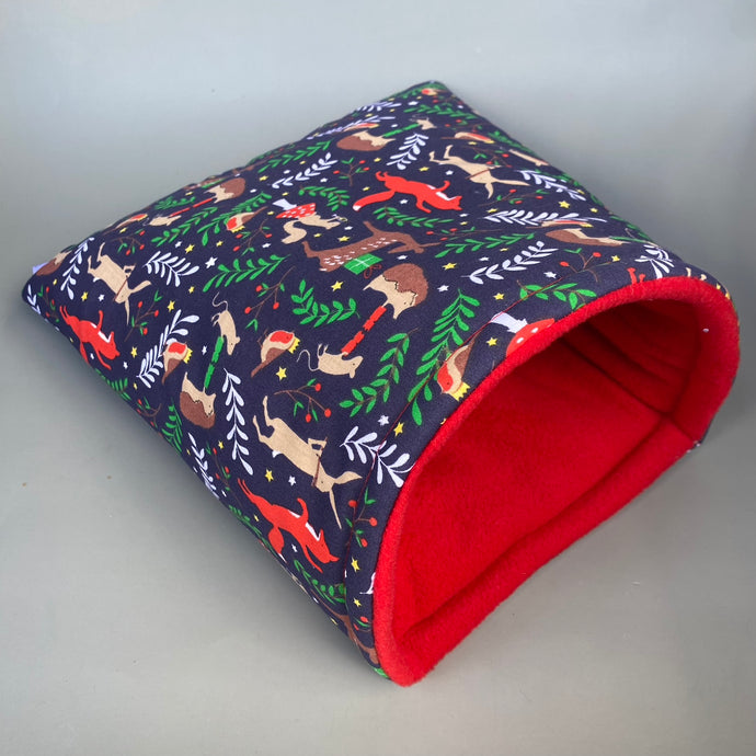 LARGE Navy party animals guinea pig cosy snuggle cave. Padded stay open fleece pet bed.