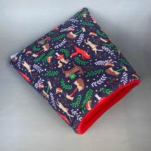 Load image into Gallery viewer, LARGE Navy party animals guinea pig cosy snuggle cave. Padded stay open fleece pet bed.