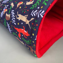 Load image into Gallery viewer, LARGE Navy party animals guinea pig cosy snuggle cave. Padded stay open fleece pet bed.