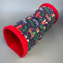 Load image into Gallery viewer, Navy festive party animals padded stay open fleece tunnel. Padded tunnel for small pets.