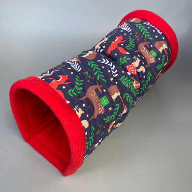 Navy festive party animals padded stay open fleece tunnel. Padded tunnel for small pets.