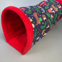 Load image into Gallery viewer, Navy festive party animals mini set. Tunnel, snuggle sack and toys. Hedgehog fleece bedding.